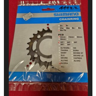 Shimano Acera Kettenblatt, 3x8-fach, 64mm Lochkreis, 22 Zähne, schwarz, NEU