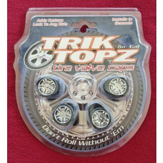 Trik Topz Ventilkappen "Wheels", für Autoventil, made in USA, 4er Set, Chrom, NEU