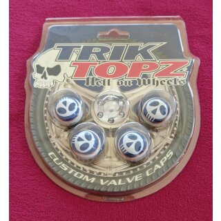 Trik Topz Ventilkappen "Totenkopf", für Autoventil, made in USA, 4er Set, blau/weiss, NEU