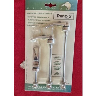 Tranz-X Secura-Lock Schnellspann-Set, VR+HR+Sattel, CrMo-Achse, silber, NEU