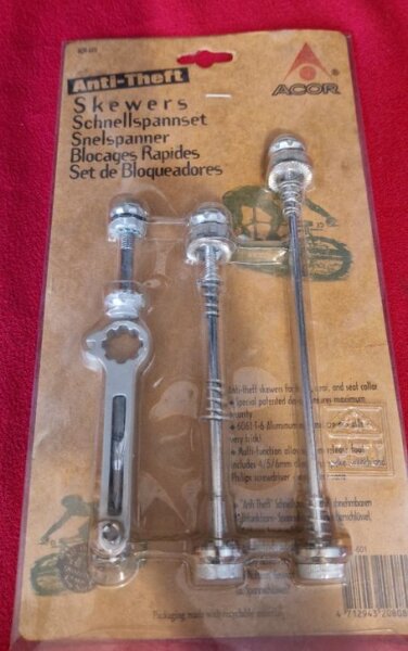 Acor Anti-Diebstahl Spannachsen, vorne+hinten+Sattelstütze, silber, NEU